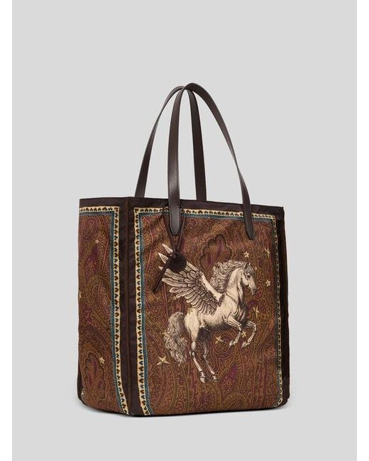 Etro Brown Nylon Tote Bag With Pegaso Print And Arnica Motif for men