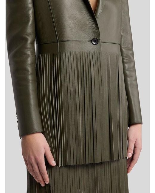Etro Green Single-Breasted Leather Jacket With Fringing