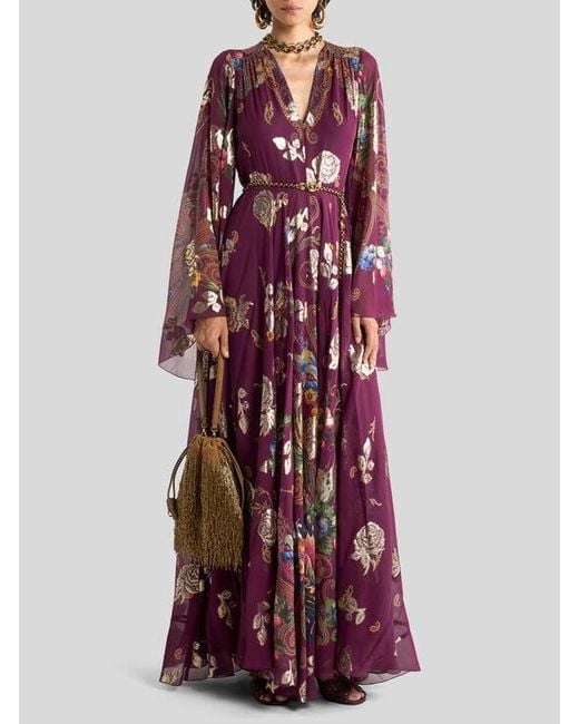 Etro Red Long Silk Dress With Placed Floral Paisley Print