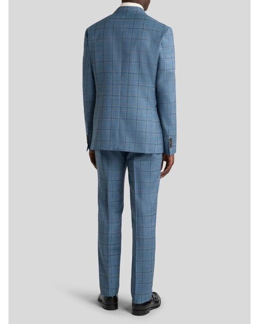 Etro Blue Single-Breasted Wool Suit With Check Motif for men