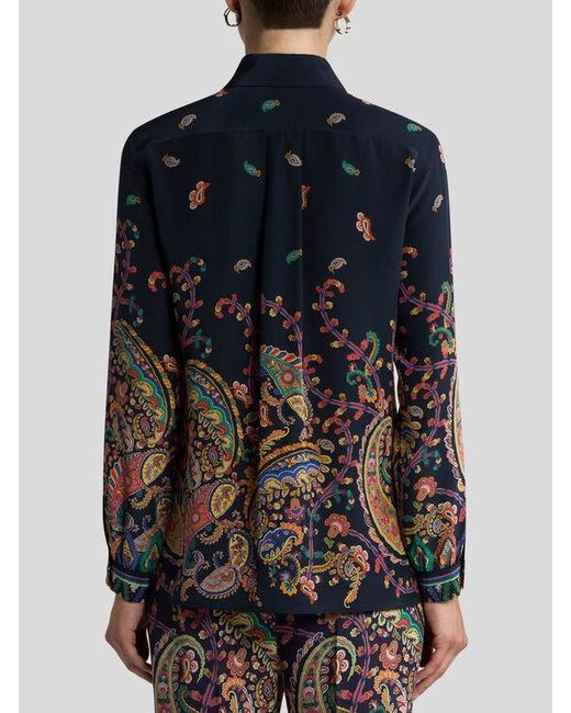 Etro Blue Silk Shirt With Placed Floral Paisley Print