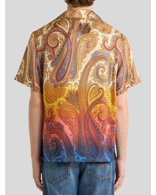 Etro White Silk Bowling Shirt With Placed Degradé Paisley Print for men