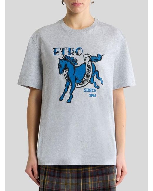 Etro Blue Cotton Jersey T-Shirt With Pegaso Print And Logo