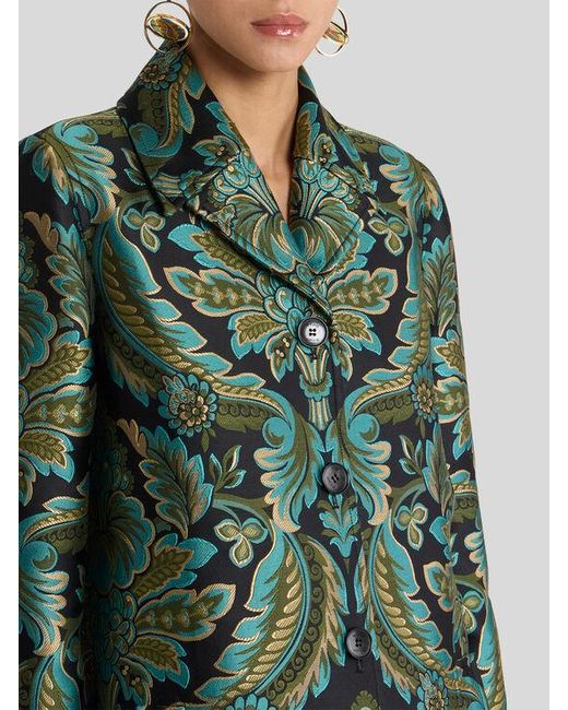 Etro Green Coat With Flower And Bee Jacquard Motif