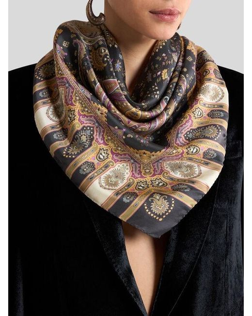 Etro Gray Silk Twill Scarf With Paisley Motif