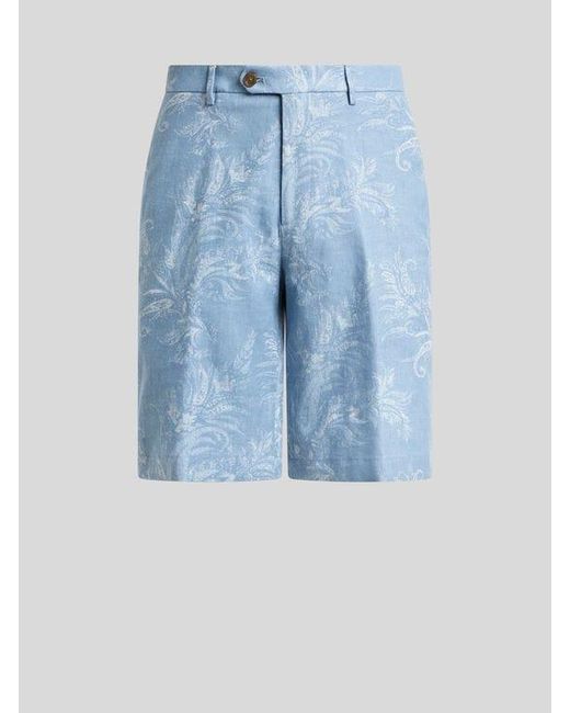 Etro Blue Regular-Fit Cotton And Linen Jacquard Denim Shorts With Leafy Motif for men