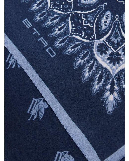 Etro Blue Silk Scarf With Paisley Motif And Pegaso for men