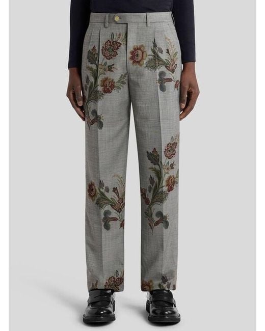 Etro Gray Printed Wool Trousers for men