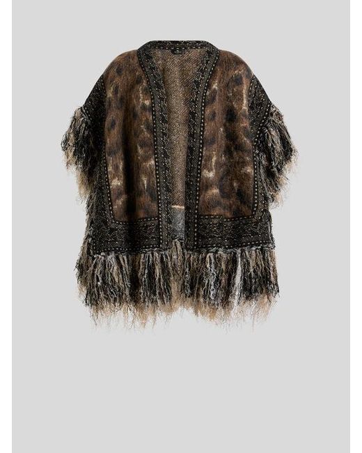 Etro Brown Mohair-Blend Jacquard Cape With Fringing And Leopard Motif