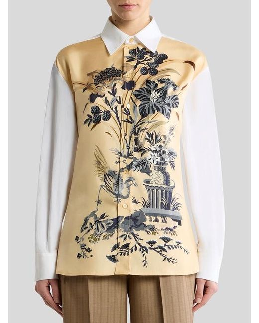 Etro White Cotton And Silk Shirt With Placed Floral Print On The Front