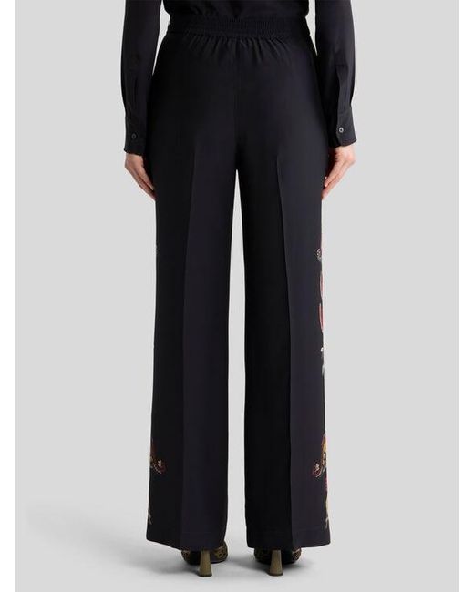 Etro Blue Silk Trousers With Placed Floral Paisley Print