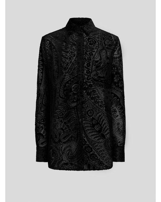 Etro Black Burnout Velvet Shirt With Floral Paisley Motif