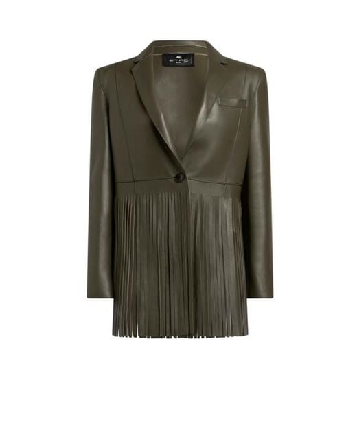 Etro Green Single-Breasted Leather Jacket With Fringing