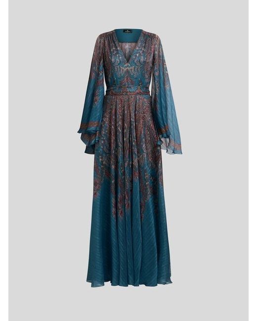 Etro Blue Floral Paisley Long Silk Dress