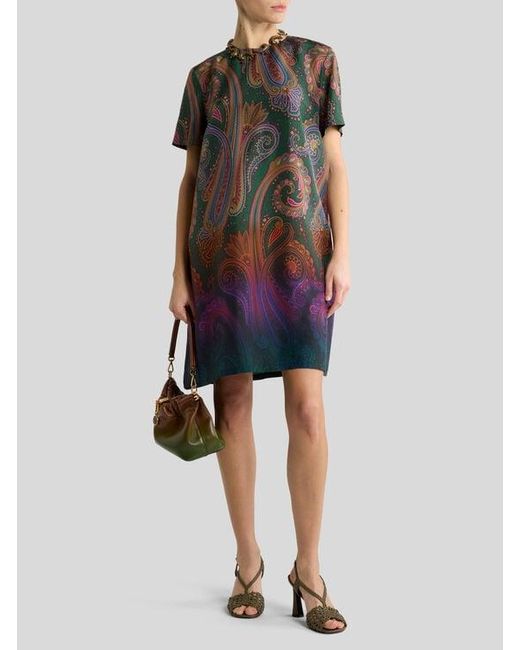 Etro Green Mini Silk Tunic Dress With Degradé Paisley Motif