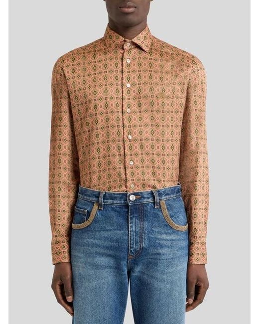 Etro Brown Cotton Satin Shirt With Medallion Motif for men