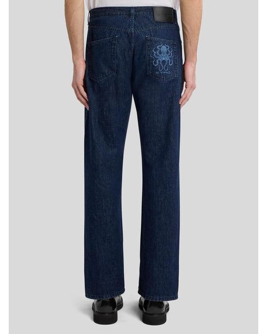 Etro Blue Jeans With Octopus Embroidery And Logo for men