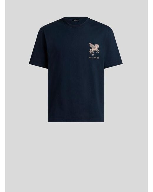 Etro Blue Cotton Jersey T-Shirt With Pegaso Embroidery for men