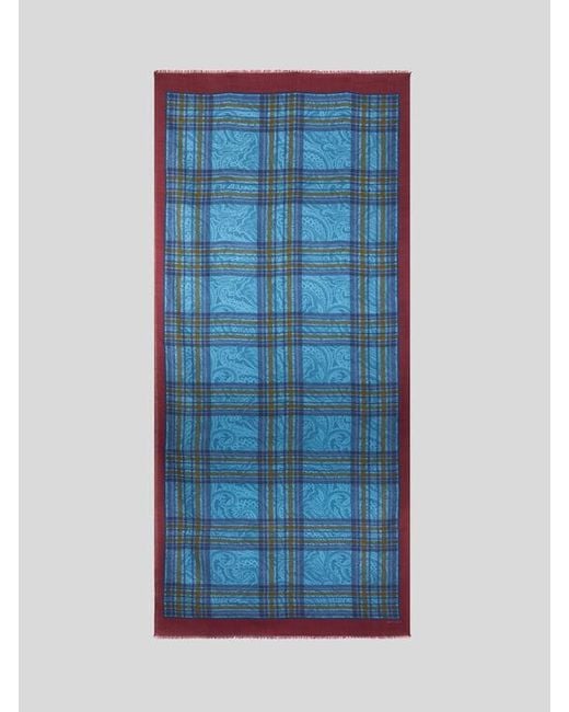 Etro Blue Wool And Silk Scarf With Print for men