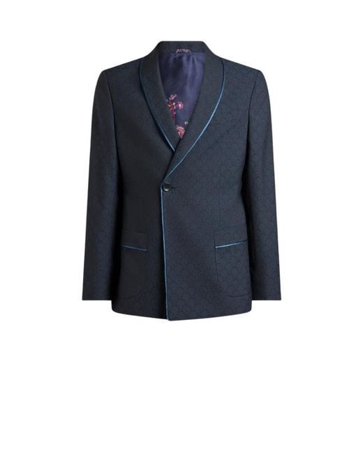Etro Blue Single-Breasted Wool Jacquard Jacket With Shawl Collar And Micro Palm Motif for men
