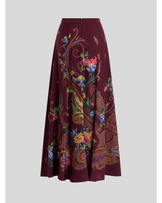 Etro Red Silk Maxi Skirt With Placed Floral Paisley Print