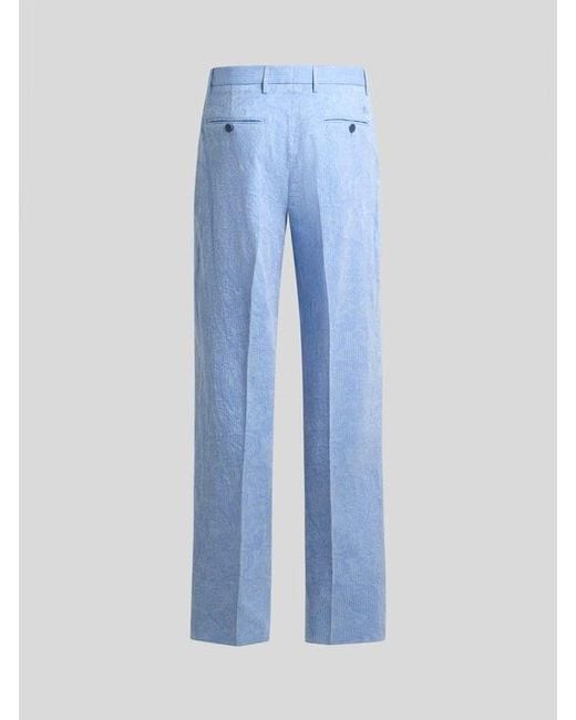 Etro Blue Striped Wool Jacquard Trousers With Floral Paisley Motif for men