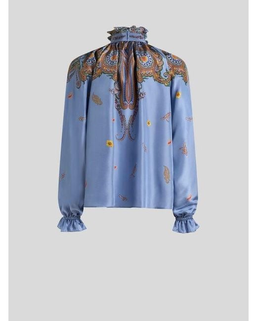 Etro Blue Silk Blouse With Silk Scarf And Placed Floral Paisley Print