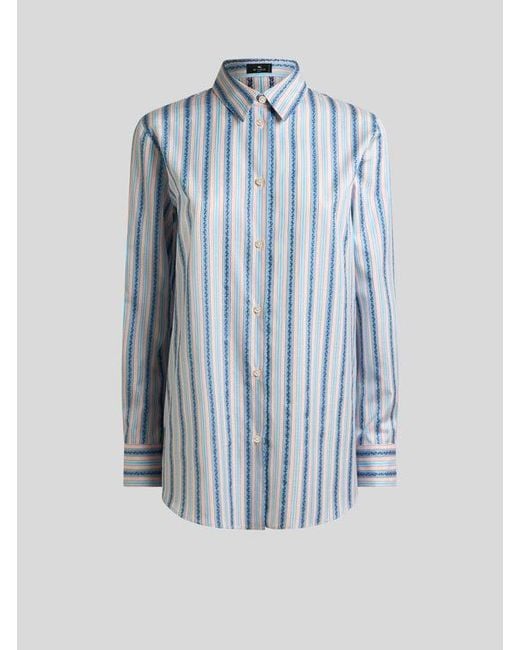 Etro Blue Striped Cotton Jacquard Shirt With Fil Coupé Paisley