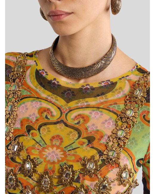 Etro White See-Through Metal Crop Top With Crystals