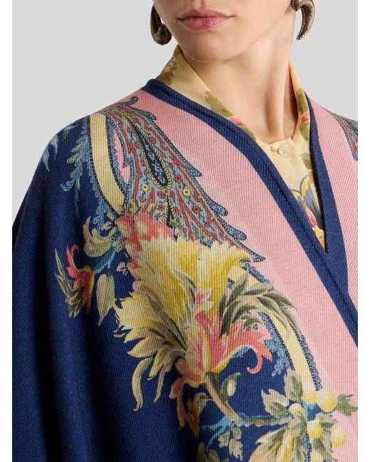 Etro Blue Wool Cape With Placed Floral Paisley Print