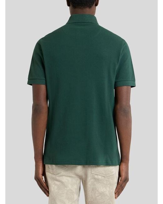Etro Green Plain-Coloured Cotton Polo Shirt With Printed Details for men