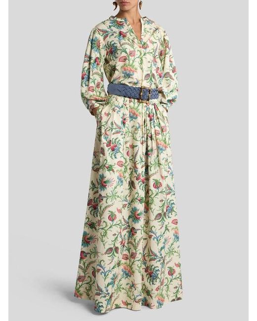 Etro White Pleated Cotton Maxi Skirt With Floral Motif