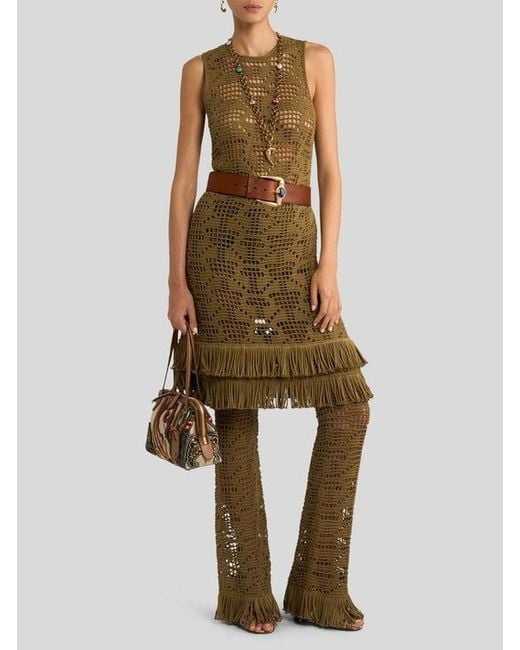 Etro Natural Crochet-Effect Cotton Knee-Length Dress With Fringing