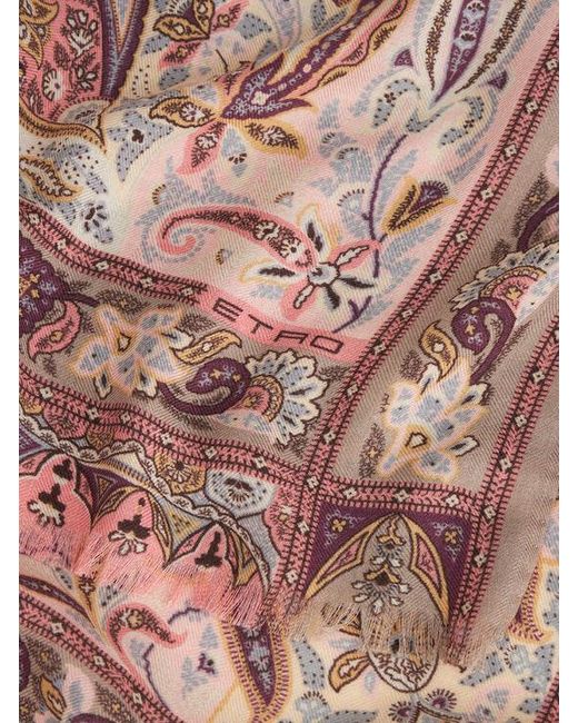 Etro Pink Leafy Silk And Cashmere Scarf