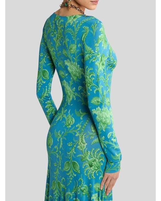 Etro Green Long Stretch Jersey Dress With Floral Motif