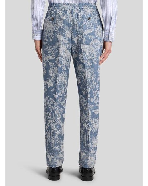 Etro Blue Cotton Jacquard Jogging Trousers With Floral Motif for men