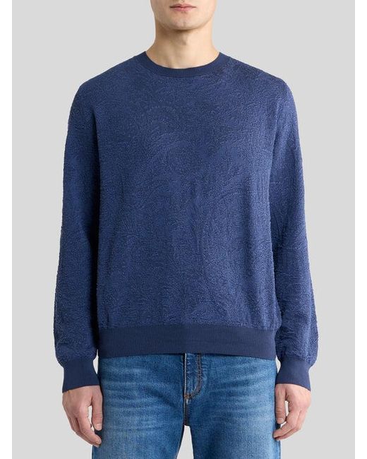 Etro Blue Cotton Sweater With Floral Paisley Motif for men