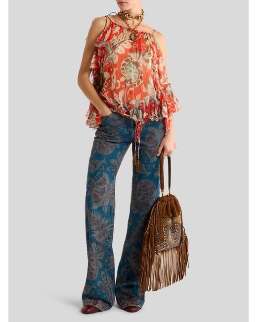 Etro Blue Flared Jeans With Floral Motif