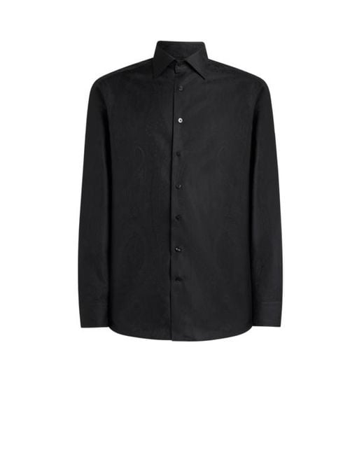Etro Black Cotton Jacquard Shirt With Arnica Motif for men