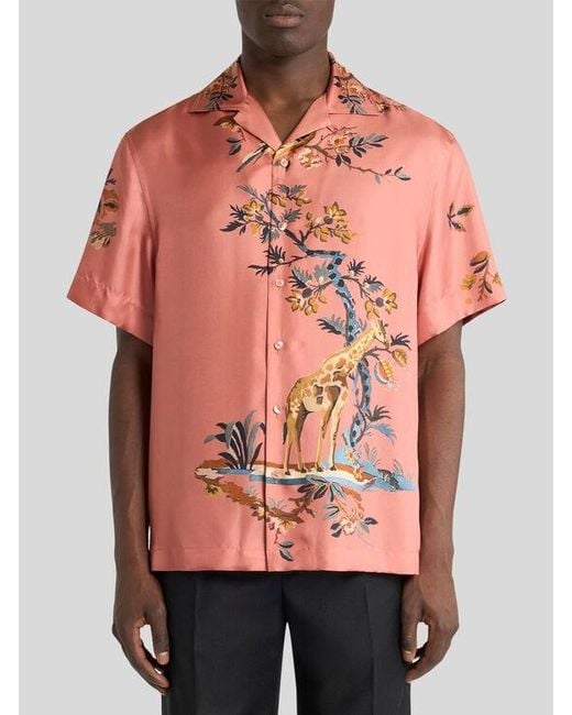 Etro Red Silk Bowling Shirt With Placed Flower And Animal Print for men