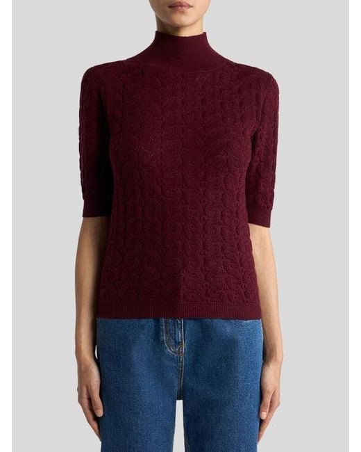 Etro Red Wool Mock-Neck Sweater With Paisley Detailing