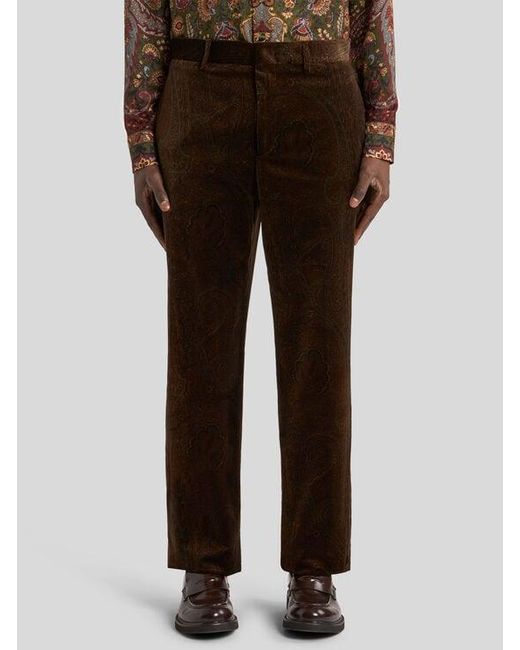 Etro Brown Straight-Leg Cotton Velvet Trousers With Arnica Motif for men