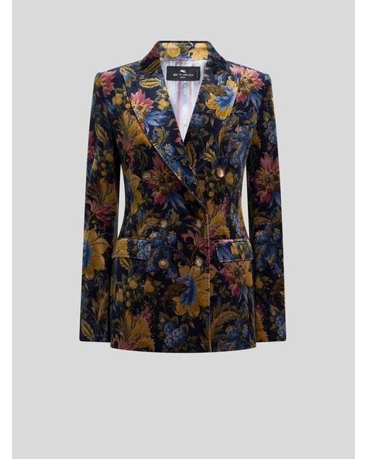 Etro Black Double-Breasted Cotton Velvet Jacket With Floral Overprint