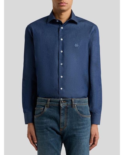 Etro Blue Chambray Shirt With Logo for men