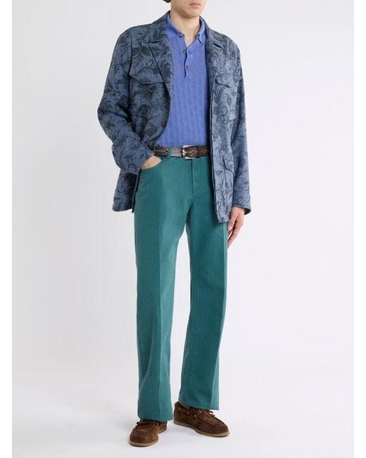 Etro Blue Knit Cotton Polo Shirt With Micro Paisley Motif for men