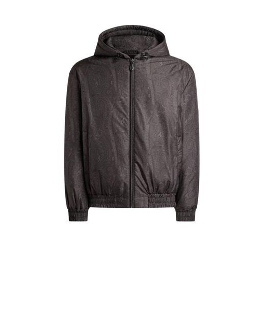 Etro Black Padded Bomber Jacket With Hood And Arnica Motif for men