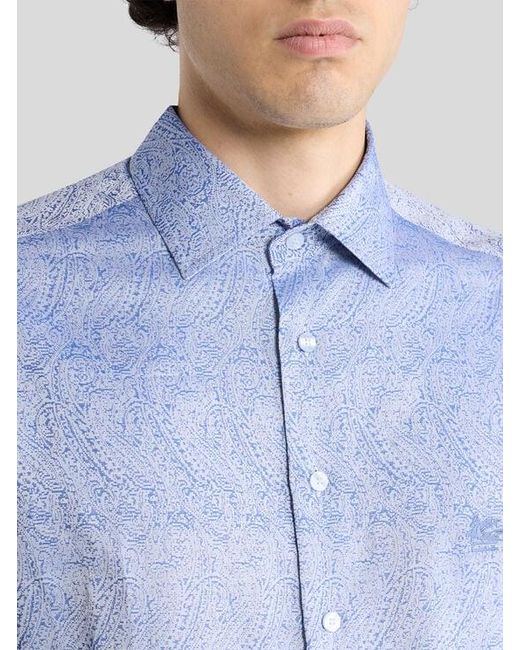 Etro Blue Cotton Jacquard Shirt With Paisley Motif And Pegaso Embroidery for men