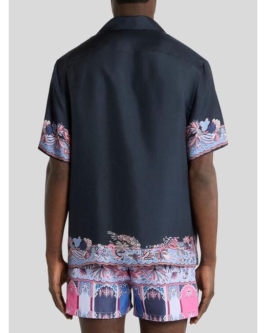 Etro Blue Cotton Bowling Shirt With Placed Parrot Print for men