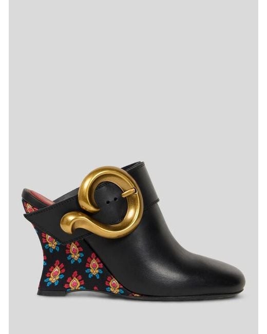 Etro Black Leather Mules With Wedge And Paisley Buckle