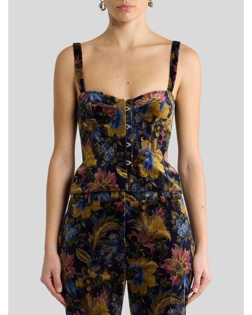Etro Black Cotton Velvet Corset Top With Floral Overprint